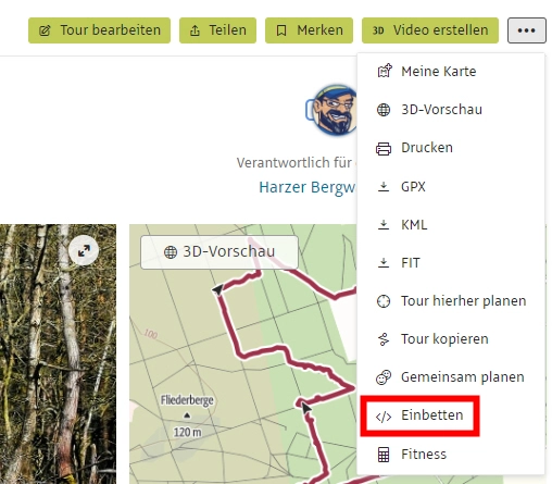 Die Option Einbetten im 3-Punkt Menü der Tour Die Option Einbetten im 3-Punkt Menü einer Tour bei Outdooractive.com
