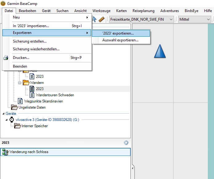 GPS-Export in Garmin BaseCamp über Datei Menü, Datei markieren, Option in Menü aufrufen, Formal und Namen wählen und exportieren