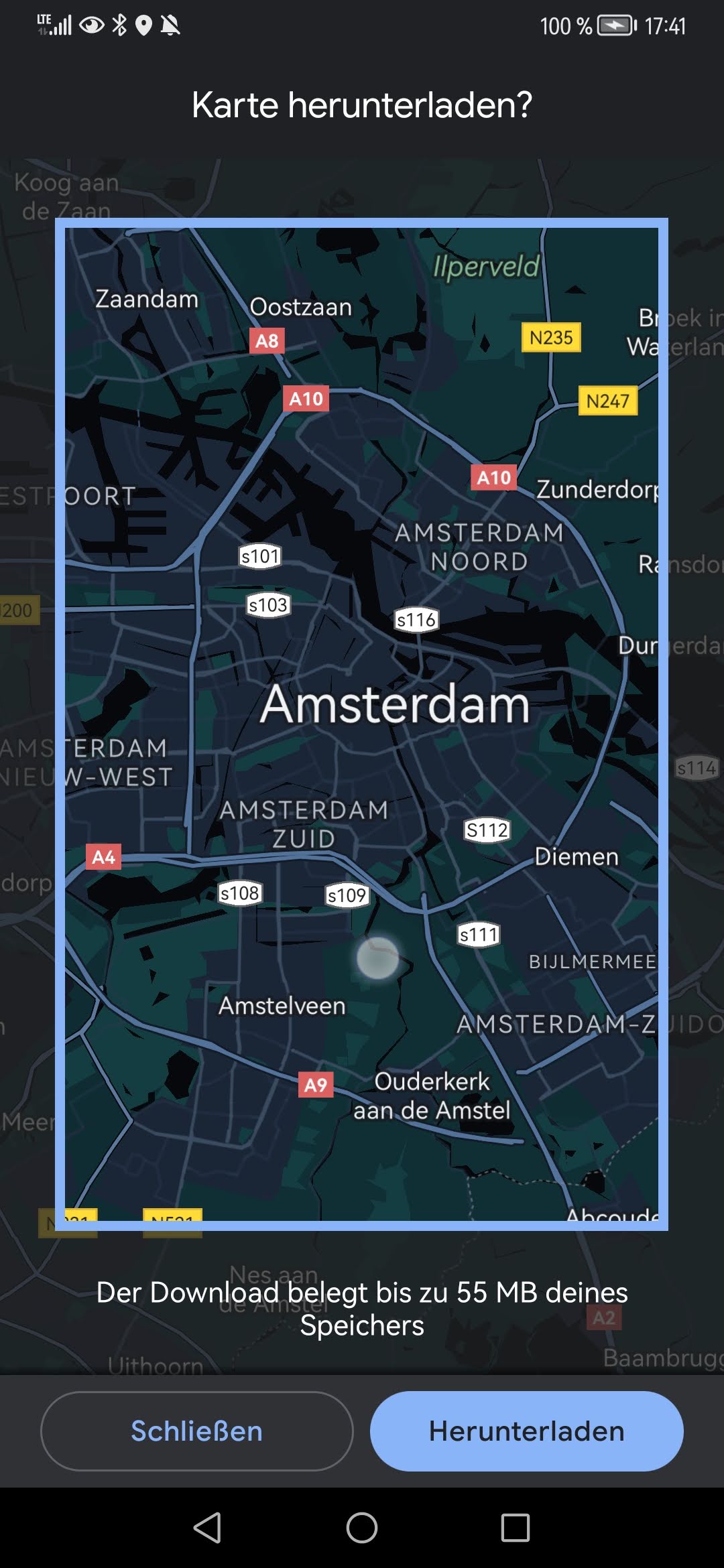 Offlinebereich für eine Offlinekarte in der Android App von Google Maps auswäghlen