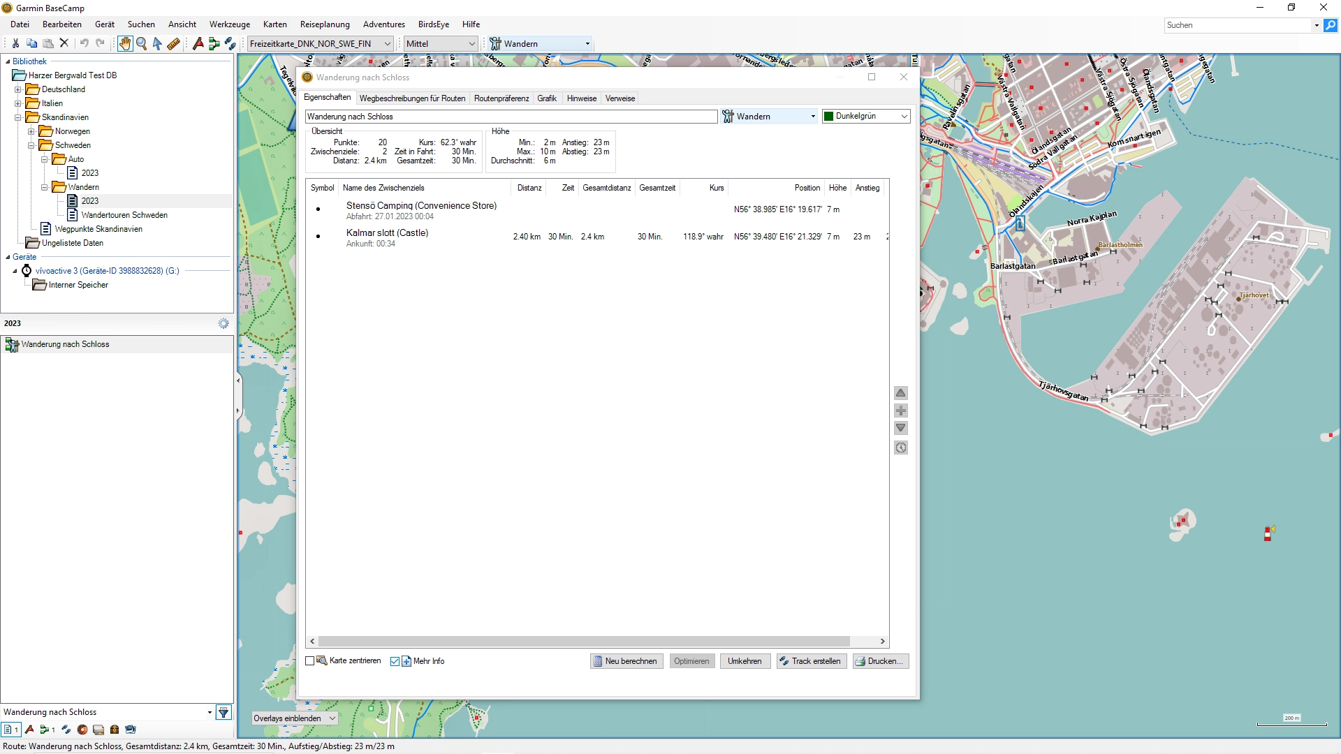 Routeninfo einer geplanten Route in Garmin BaseCamp